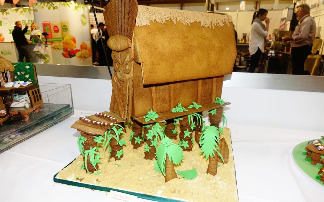 A Pacific-themed gingerbread house at a trade exhibition in Auckland.
