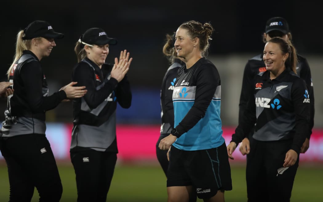 Sophie Devine of New Zealand with teammates after the game
New Zealand White Ferns v England, 2nd T20 International cricket match at The 1st Central County Ground, Hove, England on 4th September 2021.
New Zealand Women tour of England 2021.