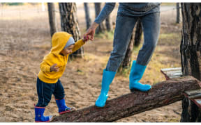 child on log with parent