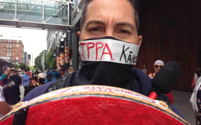 A protester outside SkyCity
