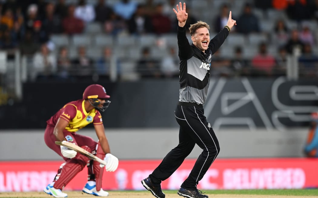 Lockie Ferguson appeals the for a LBW of Nicholas Pooran. New Zealand Black Caps v West Indies.