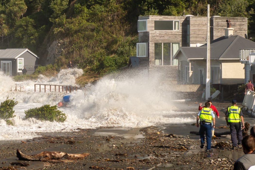 A bridge near Ōwhiro Bay is damaged after massive swells overtook the area. April 2020.