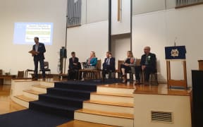 David Seymour, Faith-Joy Aaron, Paul Goldsmith, Camilla Belich and Kyle MacDonald at the Epsom electorate debate, moderated by Tim Watkin.