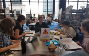 Students (from left) Ella McGovern, Willow Ashby, Brooke Giblin, Nova Waretini-Hewison and Eden Kettles study for their NCEA exams.