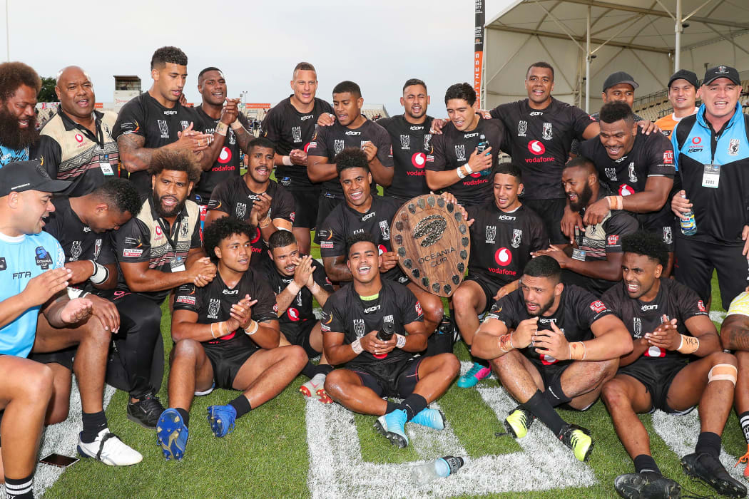 The Fiji Bati celebrate with the Oceania Shield.