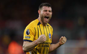 James Milner of Brighton & Hove Albion celebrates the victory after the Premier League match between Brentford and Brighton & Hove Albion at the Gtech Community Stadium in Brentford, England, on February 21, 2026. (Photo by Tiego Grenho/MI News/NurPhoto) (Photo by MI News / NurPhoto via AFP)