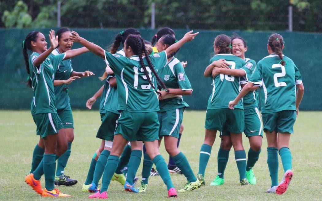 The Cook Islands celebrate their first goal of the Oceania Under 17 Women's Championship.