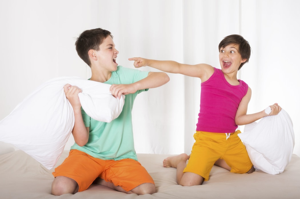 A photo of two brothers having a pillow fight and laughing
