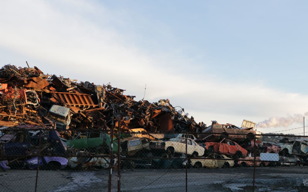 A pile of scrap metal can be seen at the National Steel yard in Woolston, Christchurch, in July 2024.