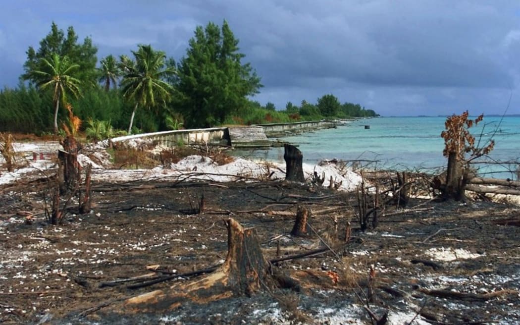 Photo taken 06 June 2000 of part of the atoll of Mururoa, four years after the cessation of French nuclear testing. Almost all the installations that sheltered up to 3,000 people for 30 years have been dismantled , giving the natural vegetation a chance to grow again.