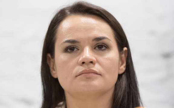 6304683 09.08.2020 Opposition presidential candidate Svetlana Tikhanovskaya attends a news conference after polls closed at the presidential election in Minsk, Belarus.