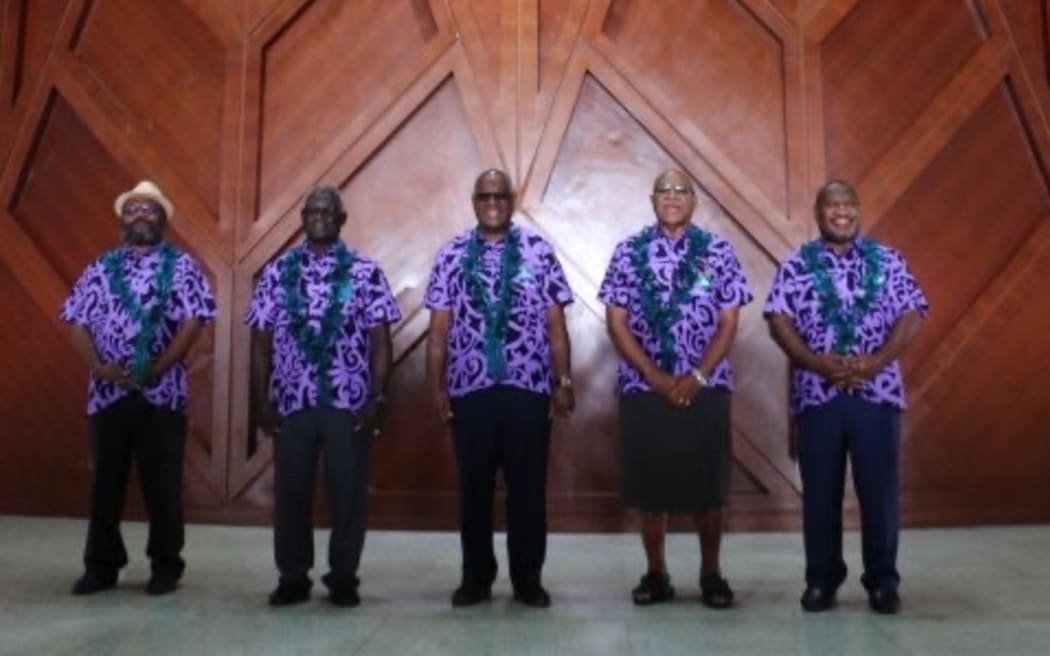 From left: FLNKS spokesman Victor Tutugoro, Solomon Islands Prime Minister Manasseh Sogavare, Vanuatu PM Alatoi Ishmael Kalsakau, Fiji PM Sitiveni Rabuka, and PNG PM James Marape at the official welcome ceremony of the 22nd MSG Leaders' Summit in Port Vila.