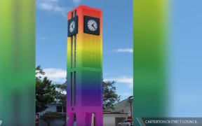 The rainbow colour option for Carterton's central clock tower.