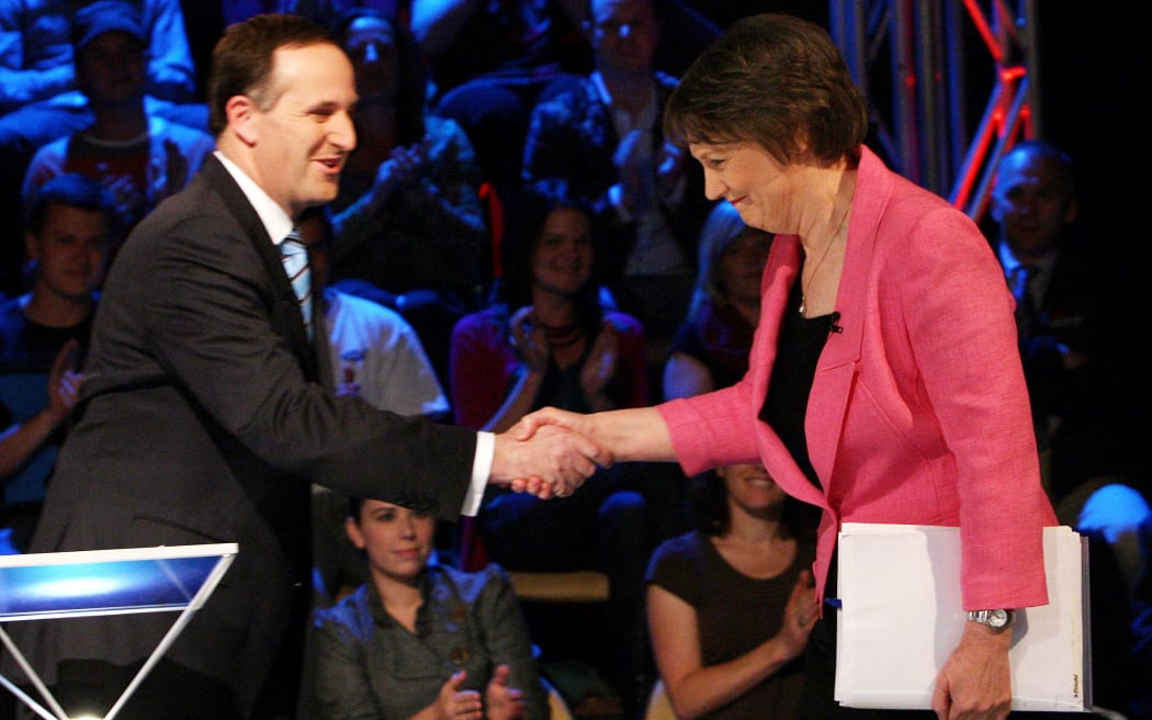 Then Prime Minister Helen Clark shakes hands with then opposition National Party leader John Key during their last televised election debate, in Auckland in 2008.