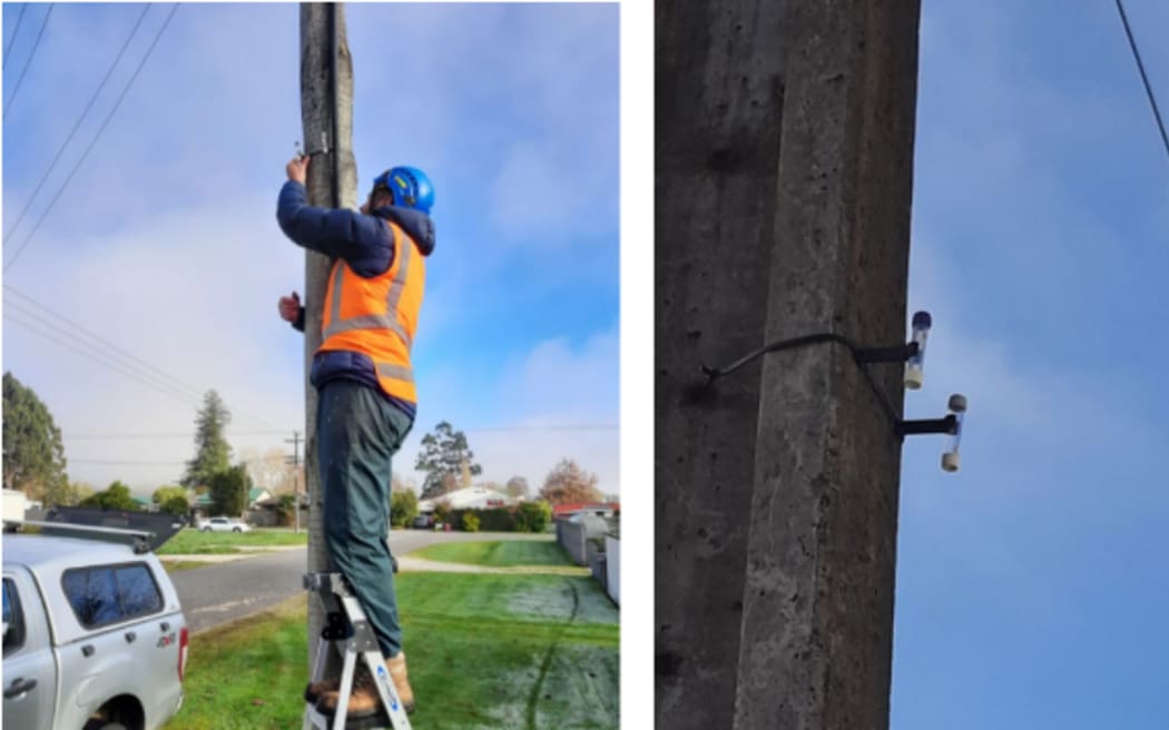 West Coast Regional Council staff installing air monitoring equipment in Westport, with close up of power pole mounted test kits.