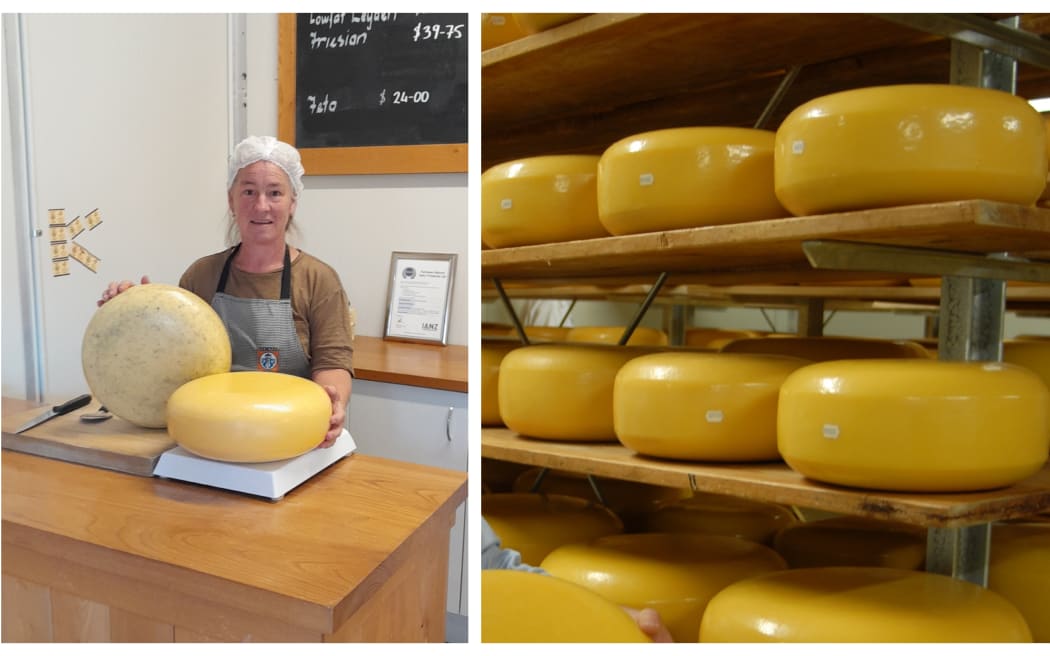 Di Hawkins alongside some of Karikaas' rolls of Dutch and NZ original cheeses.