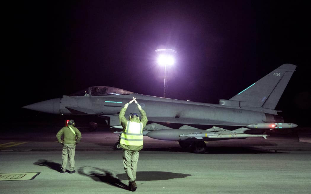 A handout picture from the British Ministry of Defence on 3 February, 2024 shows a RAF Typhoon FGR4 aircraft preparing to take off to conduct further strikes against targets in Yemen. The United States and Britain struck dozens of targets in Yemen on Saturday in response to repeated attacks on shipping by Iran-backed Huthi rebels that have disrupted global trade and put lives at risk. (Photo by CPL Samantha DRUMMEE / MOD / AFP)