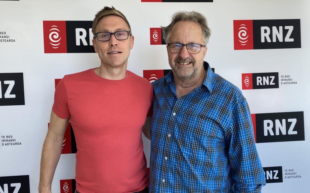 British stand-up comedian Russell Howard and Radio New Zealand's Jim Mora.