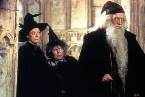 Harry Potter and the chamber of the secrets (2002), directed by Chris Colombus, starring Maggie Smith (left), Miriam Margolyes (centre), and Richard Harris (right).
