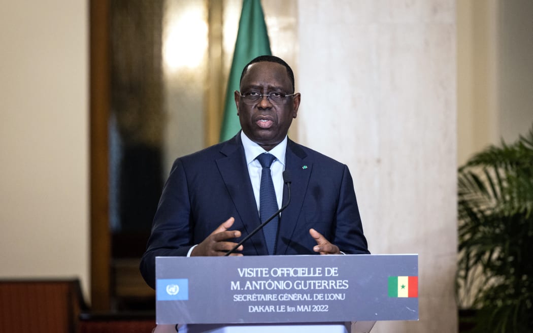 Senegal President Macky Sall speaks during a press conference with the United Nations (UN) secretary-general, as part of the UN chief's West Africa tour, in Dakar, on 1 May 2022.