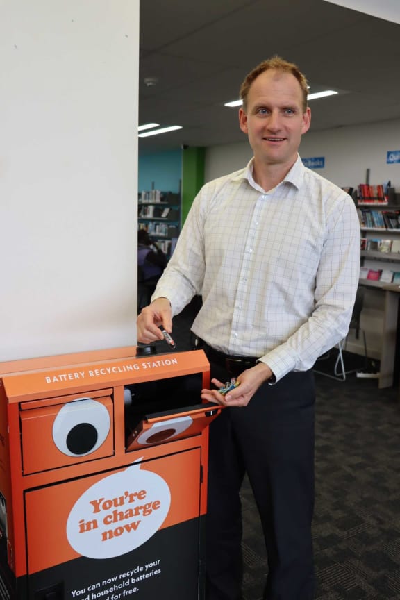 Hutt City Council’s Head of Climate, Waste and Resource Recovery Jörn Scherzer with one of the new battery recycling units.