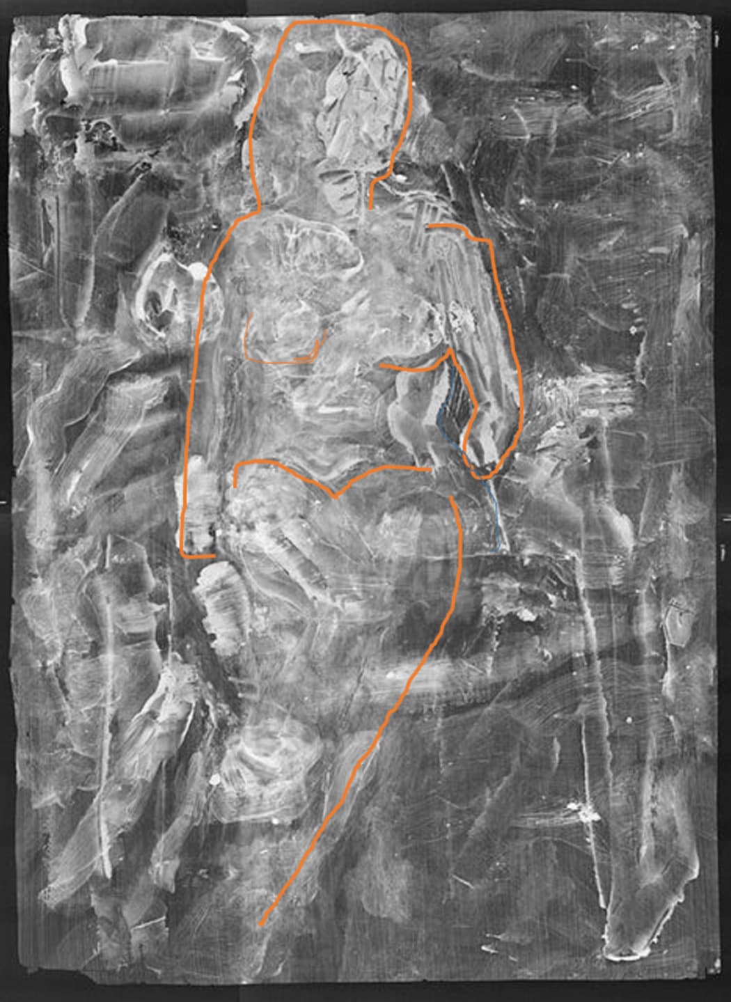 An X-Ray of the base layer of a Frances Hodgkins painting, with orange lines superimposed to identify the shape of a figure underneath layers of paint.