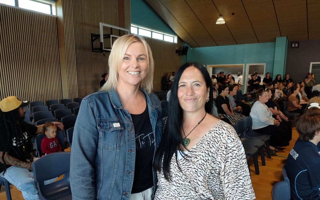 Te Kura o Tuahiwi board of trustees presiding member Rachael Williams and tumuaki (principal) Dot Singh celebrate the opening of Tūranga Tuarua, the kura's new whare/hall.