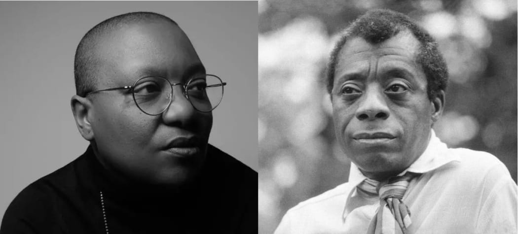 Headshots of Meshell Ndegeocello and James Baldwin