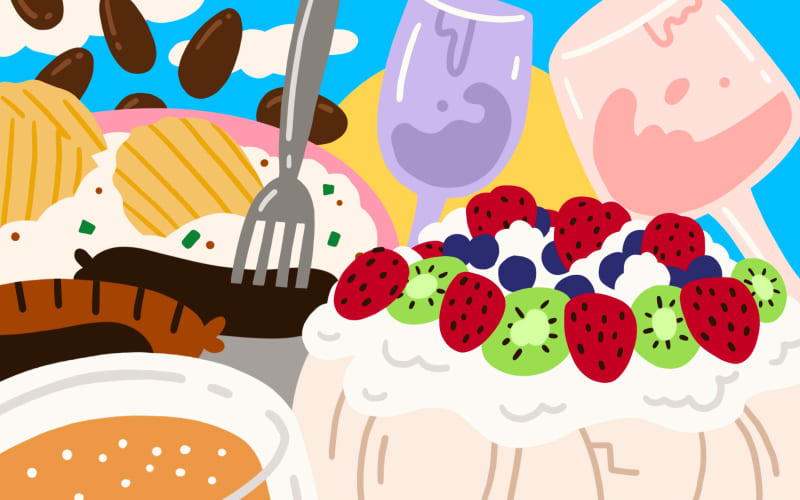 Illustration of pavlova, wine glasses, sausages, beer, chips and onion dip.