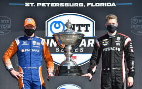 Championship Contenders #9 Scott Dixon, Chip Ganassi Racing Honda, and #1 Josef Newgarden, Team Penske Chevrolet pose with the trophy ahead of the 2020 season decider at St. Petersburg in Florida.