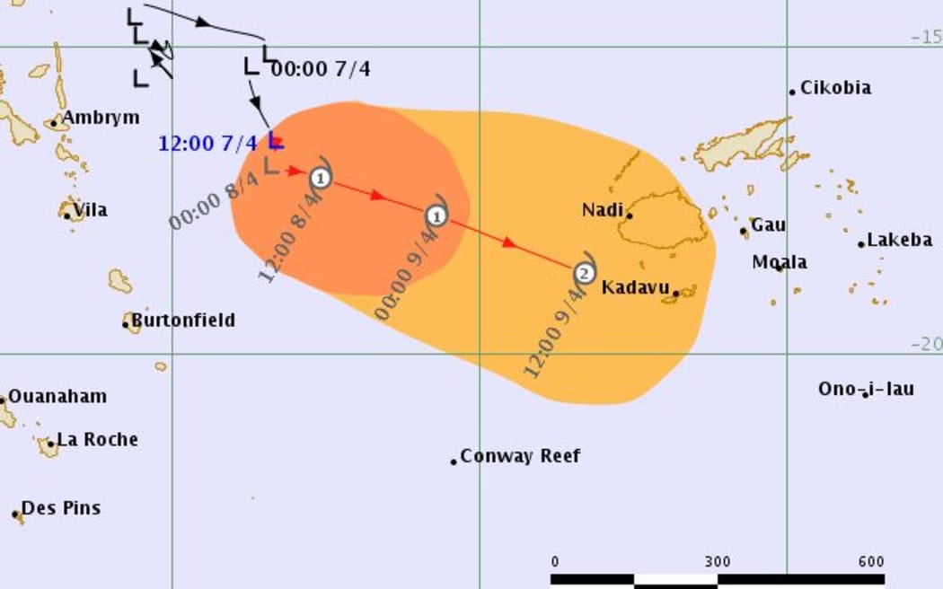 Threat track map for tropical depression expected to develop into a cyclone.