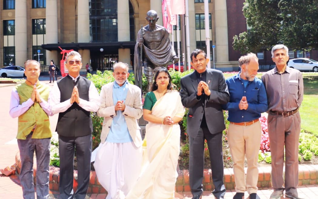 Floral tribute paid to Mahatma Gandhi on Martyrs' Day in Wellington" Courtesy Indian High Commission