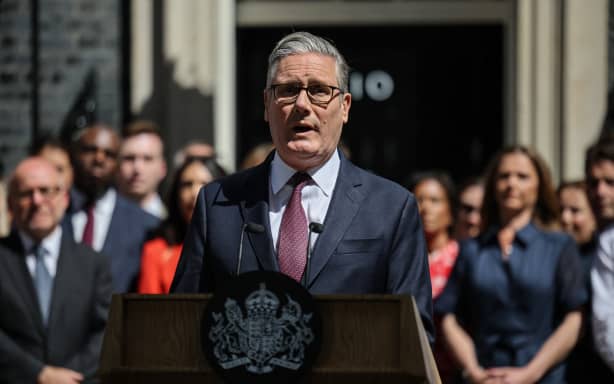 Britain's outgoing prime minister Keir Starmer makes a statement, in front of 10 Downing Street in central London on July 20, 2026, before formally tendering his resignation to the king.