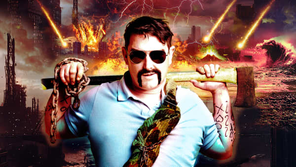 A promotional poster for Heath Franklin's Chopper: The Last Hard Bastard on Earth. Heath Franklin, as Chopper, stands in front of a post-apocalyptic landscape, holding an axe across his shoulders.