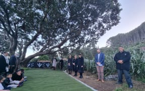 The ceremony at Shelly Bay this morning including Port Nicholson Block Settlement Trust chair Kara Puketapu-Dentice on right in blue jacket.