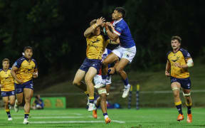 Moana Pasifika's Solomon Alaimalo up against Western Force's Darby Lancaster. 27 February 2026