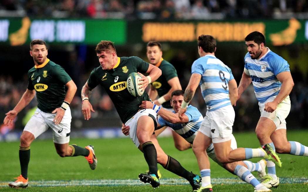 Malcolm Marx of South Africa on the charge against Argentina.