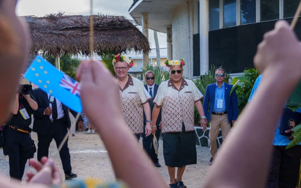 Australian Prime Minister Anthony Albanese, left, wiith Tuvalu Prime Minister Feleti Teo at the Pacific Islands Forum in Nuku'alofa, Tonga on 28 August 2024.