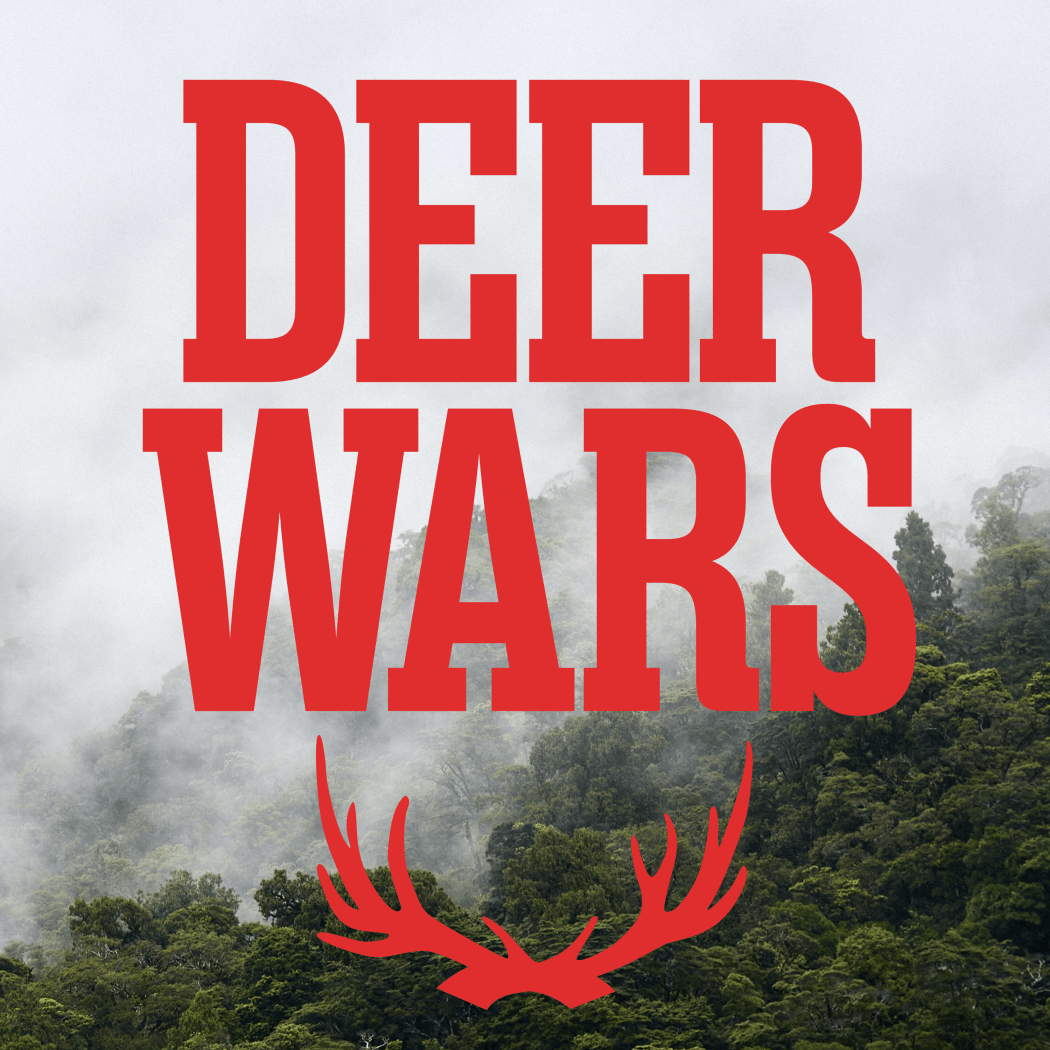 Mist shrouded bush covered hills fill the background, in front the text reads "Deer Wars" is a font reminiscent of Westerns along with a pair of crossed antlers