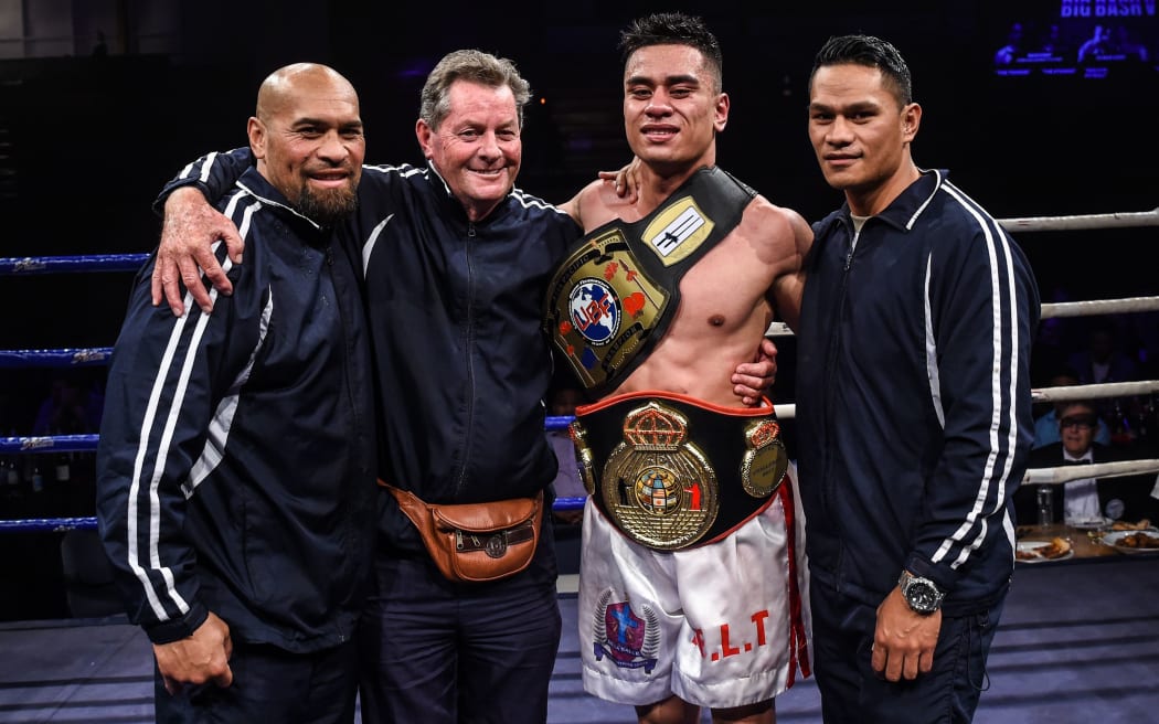 Mose Auimatagi Jnr celebrates with coach Grant Arkell, second from left, after a victory in 2016.