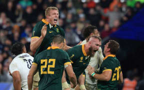 South Africa's RG Snyman celebrates with teammates after scoring the only try in Rugby World Cup semi-final match between England and South Africa at the Stade de France.