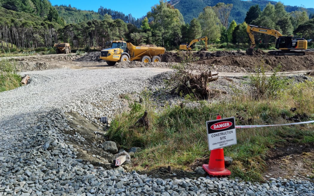 Remediation work in the Maitai River to remove gravel and replace it with rock for future flood protection.