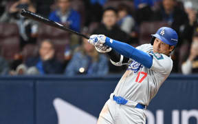 Shohei Ohtani of the Los Angeles Dodgers hits in Seoul