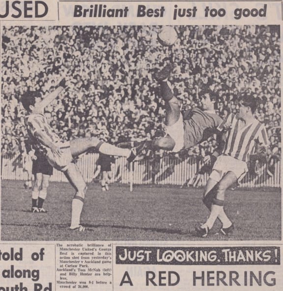 A photo from the Auckland Star newspaper showing Manchester United star George Best contesting the ball with two Auckland players. The headline reads "Brilliant Best just too good."