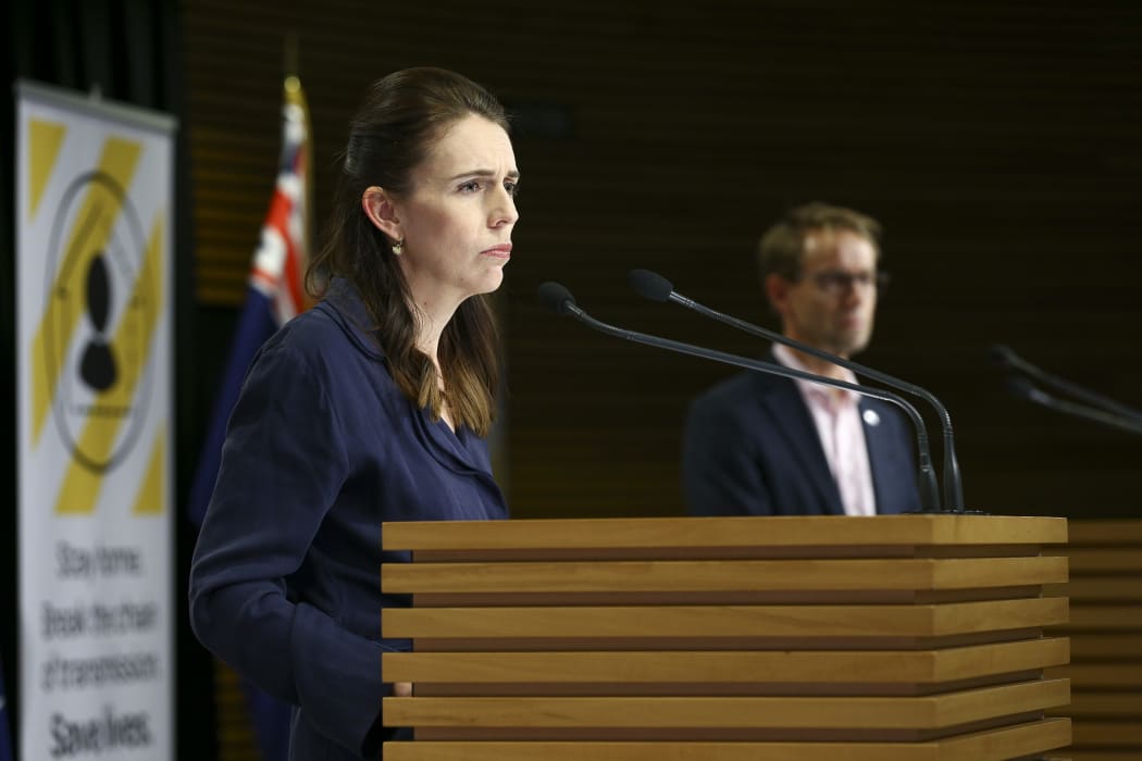 Prime Minister Jacinda Ardern and Director-General of Health Ashley Bloomfield during a press conference at Parliament on 5 April 2020. New Zealand was placed in complete lockdown and a state of national emergency was declared on Thursday 26 March to stop the spread of COVID-19 across the country.