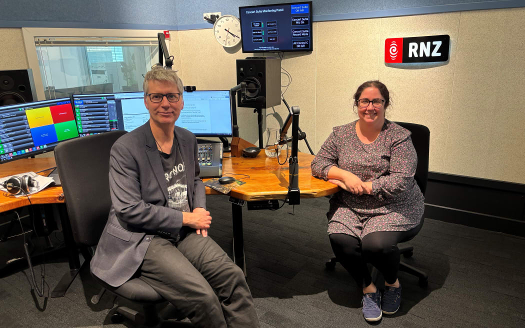 RNZ Concert's Bryan Crump with guest Jane Bulpin (Director: Orchestral Delivery for NZSO) in the studio.
