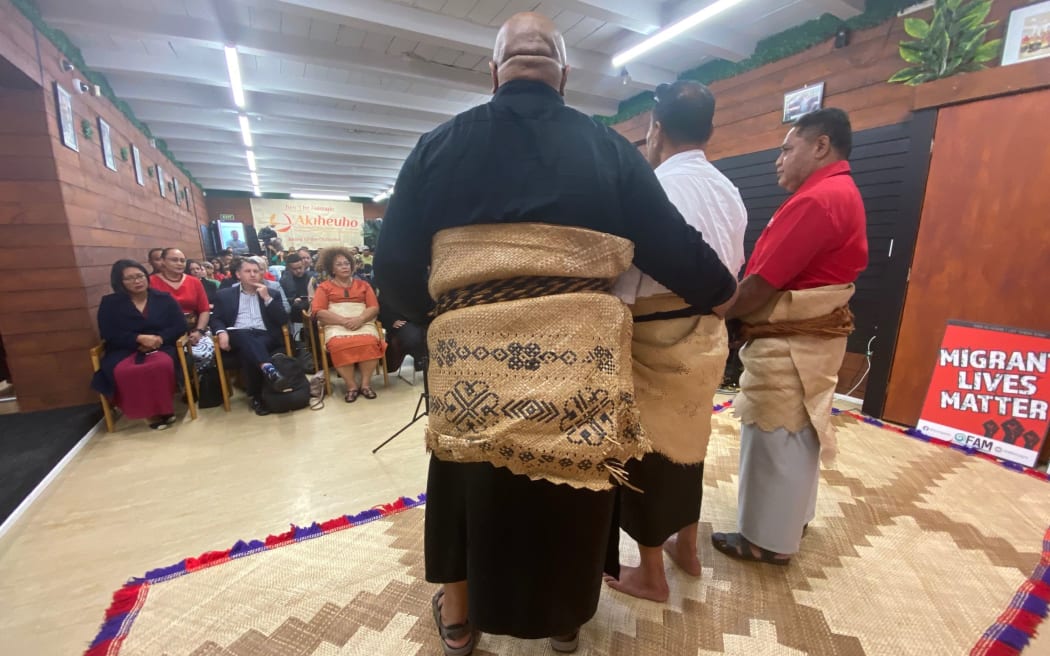 An overstayer who cannot be named for privacy reasons sharing his story at a public meeting in Ōtara on 6 May 2023 that was sparked by a recent dawn raid of Pasifika overstayer in Auckland.