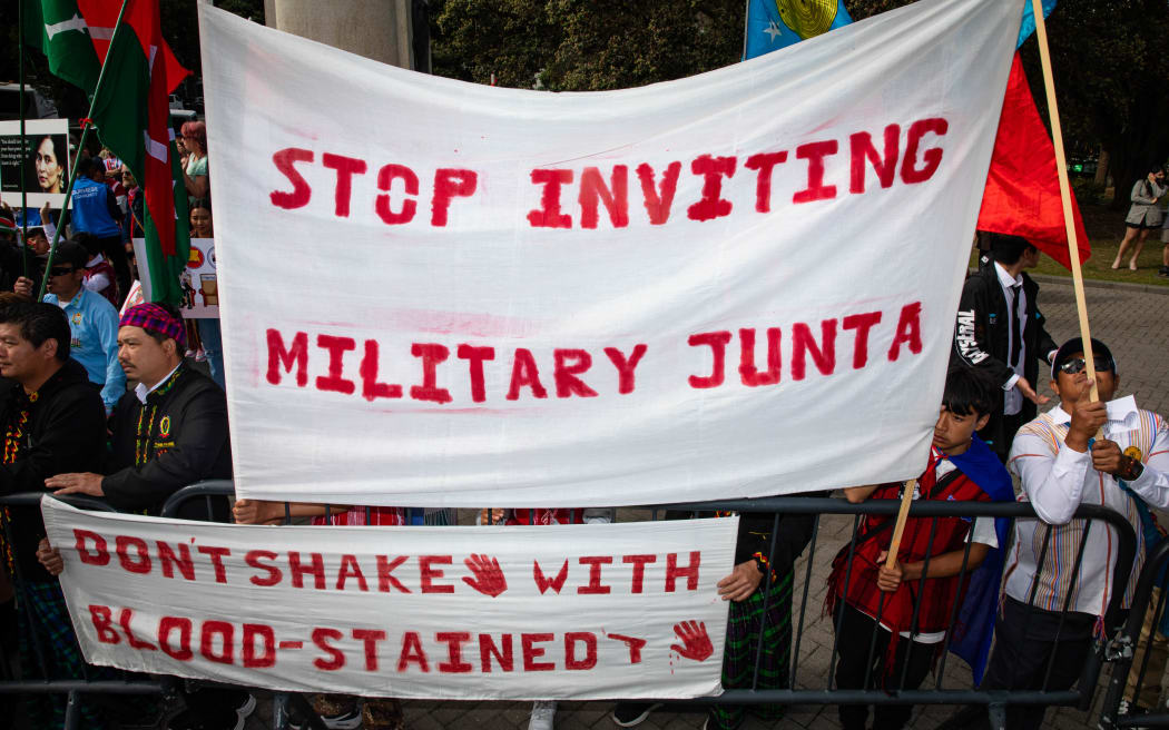 Protesters call on the government to block any Myanmar junta representatives from entering New Zealand for the ASEAN summit, on 9 April, 2024.