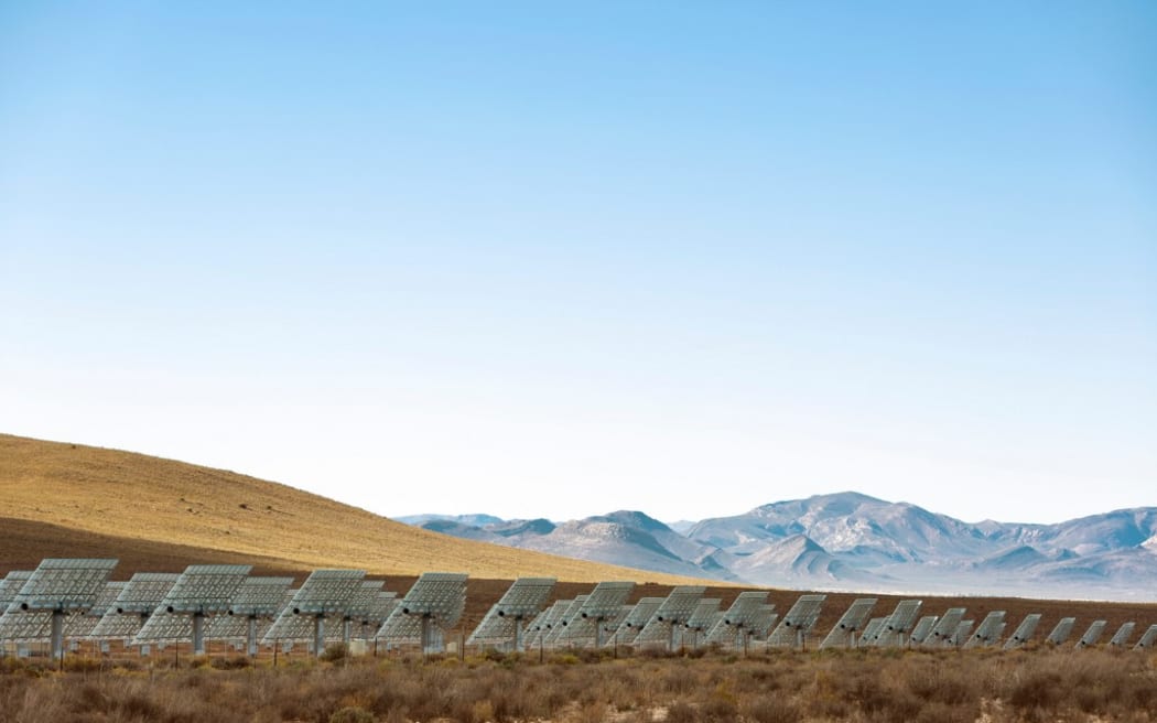 Rows of solar panels in landscape, rear view, Cape Town, Western Cape, South Africa