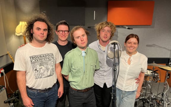 Sam Bambery with his band in RNZ's Christchurch studio.